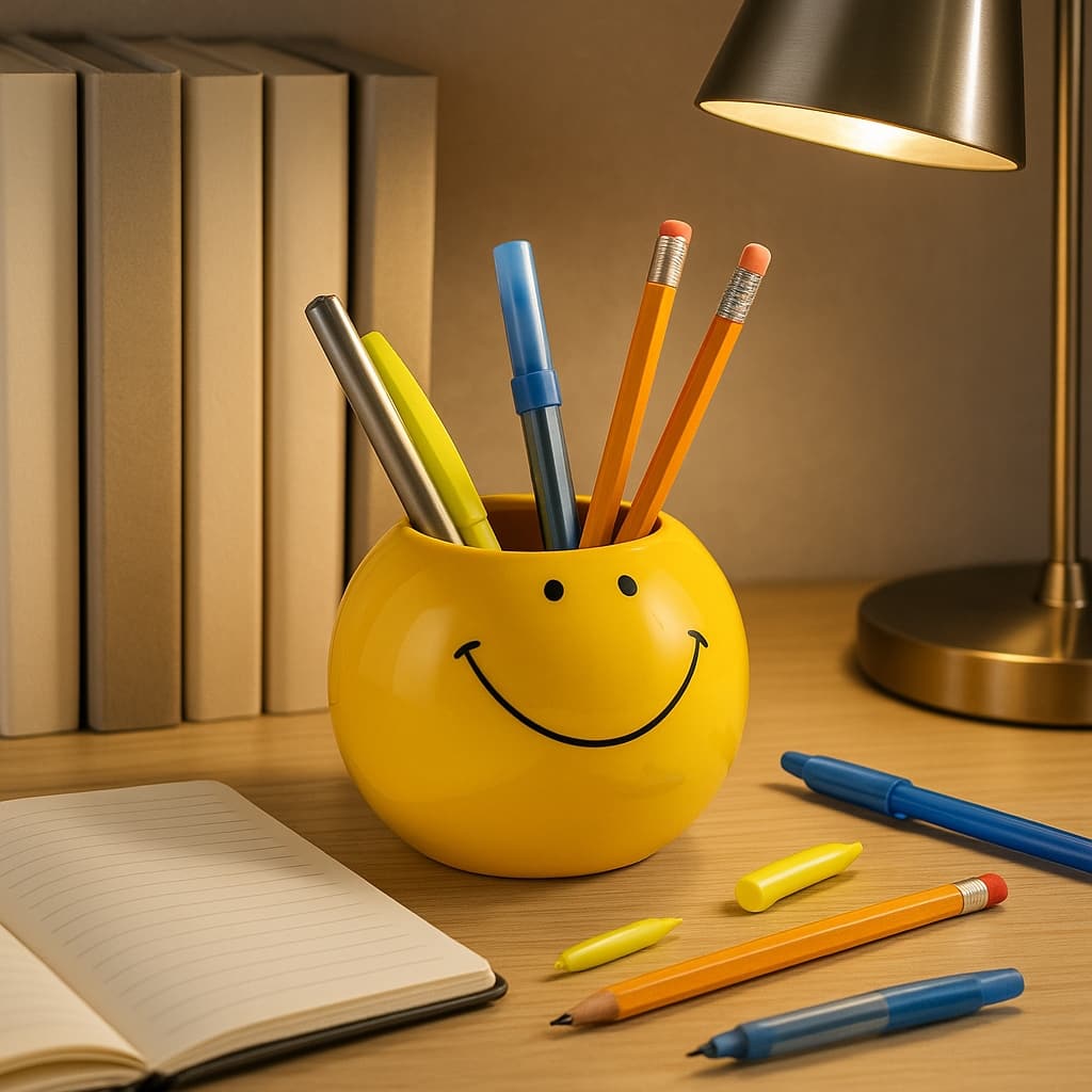 Chic Smiley Face Round Pencil Cup Storage - 4", Yellow & Black - 4.0"