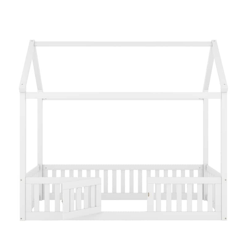 Twin Size Wood House Bed with Fence and Door