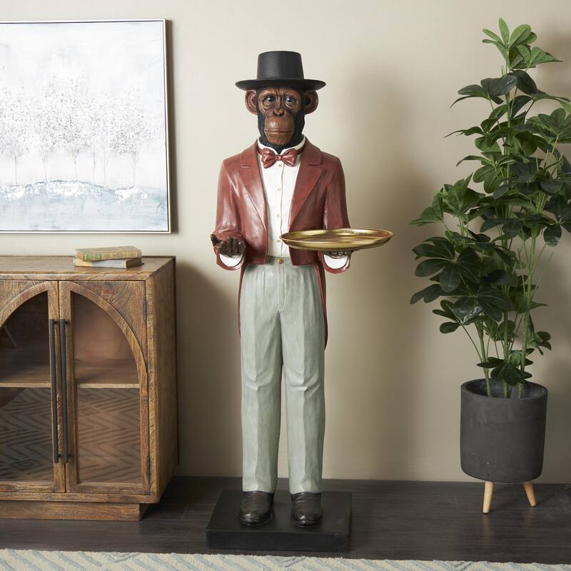 Red Resin Tall Waiter Animal Decorative Sculpture with Gold Accent and Square Base - Red