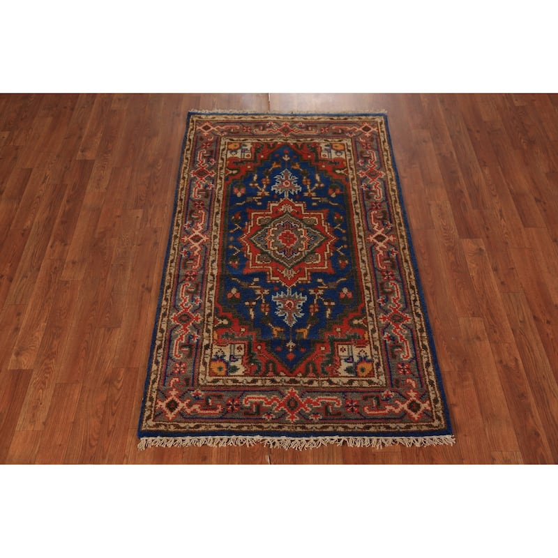 Blue Geometric Heriz Serapi Indian Foyer Rug Handmade Wool Carpet - 3'0"x 5'0"