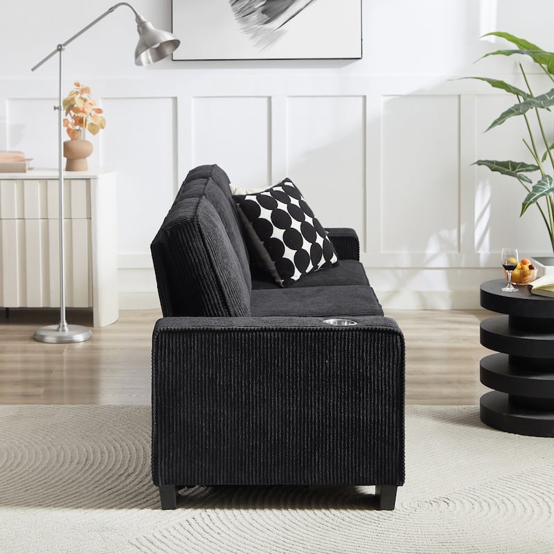84.25" Corduroy 3-Seater Sofa, Cup Holder Armrests and Spring Cushions