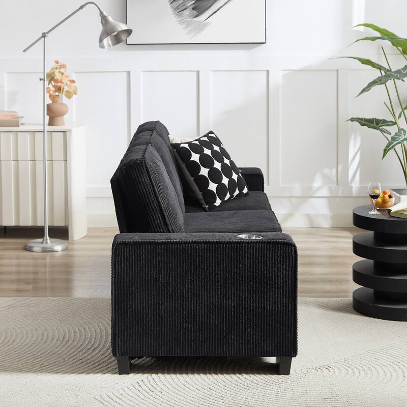 Corduroy Fabric Deep Seat Sofa, Cloud Sofa with Washable Backrest Cushion, 3 Seater Sofa with 2 Cup Holders & Square Arm