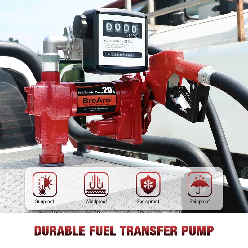 Fuel Transfer Pump 12 Volt 20 GPM with Automatic Nozzle & Mechanical Meter Package (Gallons), Cast Iron Heavy Duty Transfer Pump
