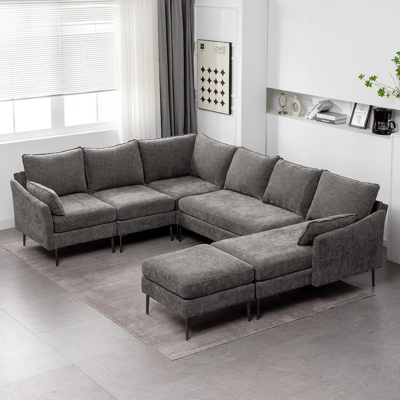 Modern Chenille Sectional Sofa with Reversible Chaise and Ottoman, Perfect for Living Rooms with Sleeper Function