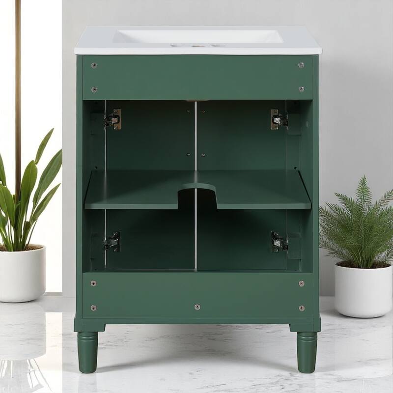 24" Bathroom Vanity with Ceramic Sink - Compact Cabinet with 2 Doors, Adjustable Shelf, Solid Wood Frame, Soft-Close Hinges