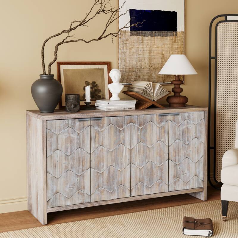 Sideboard with Textured Hexagon Doors, Multifunctional Wooden Buffet Cabinet, Accent Cabinet with Adjustable Shelves - Natural Wood Wash