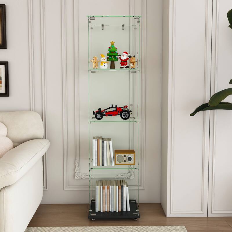Roomfitters Glass Display Cabinet with Lighting, 4 Tier Curio Case for Collectibles, Floor Standing Showcase, Black