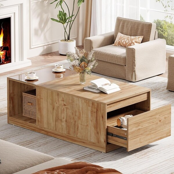 Farmhouse Coffee Table with Drawer & Storage Shelf, Center