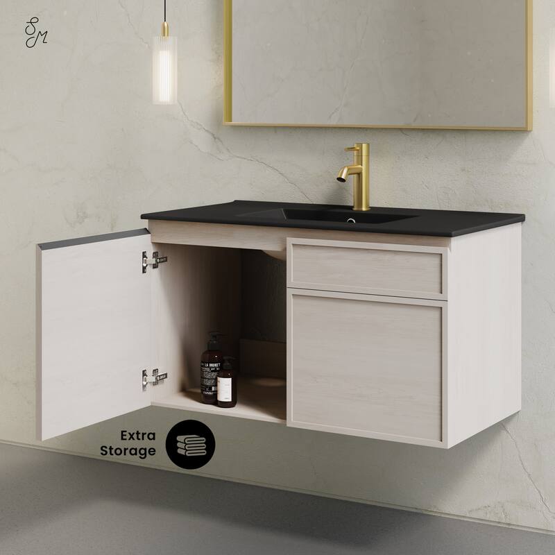 St. Tropez 36" Wall-Mounted Bathroom Vanity In White Oak With Black Sink Top - 36