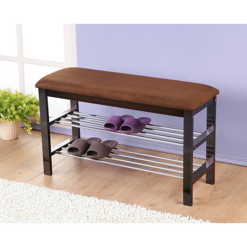 Espresso Ottoman Bench Shoe Bench with Wooden Frame, Leisure Stool Hallway Stool with Two Tier Open Shelves for Corridor