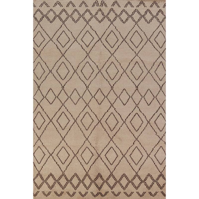 Hand Knotted Oriental 100% Wool Carpet Modern Geometric Beige & Ivories Moroccan Area Rug - 8' 0'' X 5' 0''