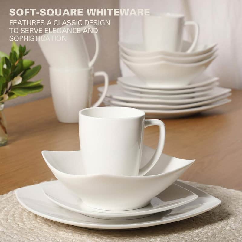 Modern White Square Porcelain Dinnerware Set 16 Piece Service for 4 Microwave and Dishwasher Safe