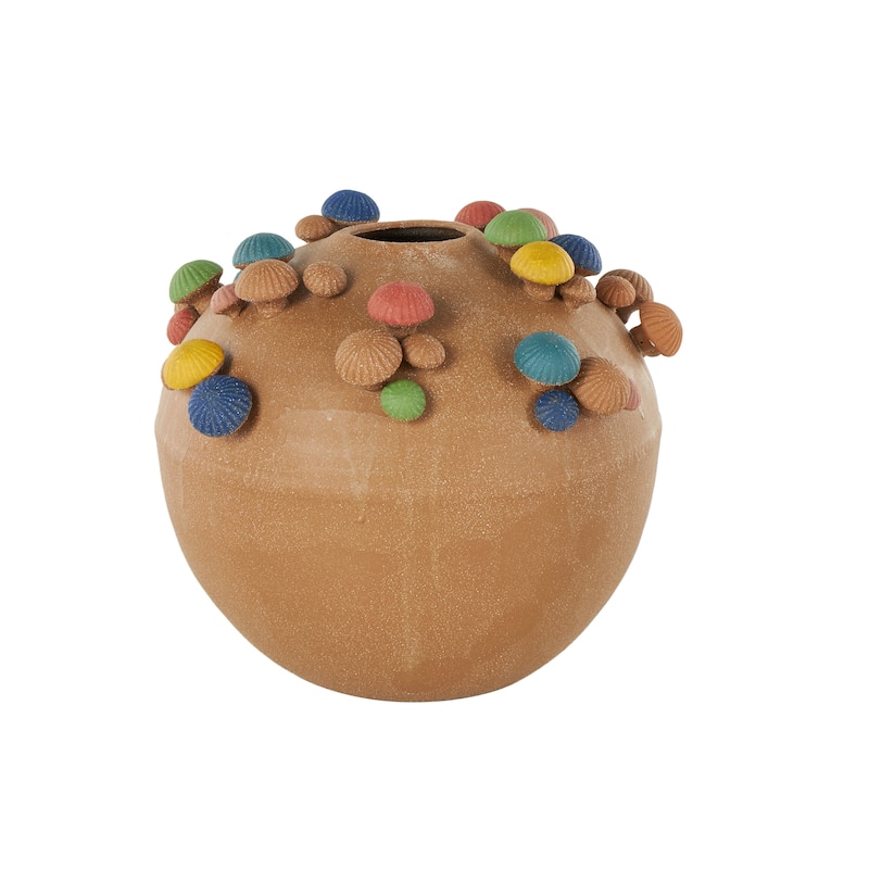 Ceramic Round Wide Decorative Vase with Multicolor Accents and White Speckles - Brown - Roche River Decor