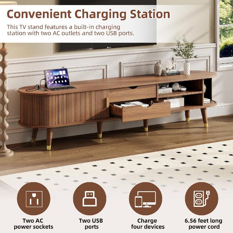 Farmhouse TV Cabinet with Golden Handle,Charging Station and Sliding Tambour Door