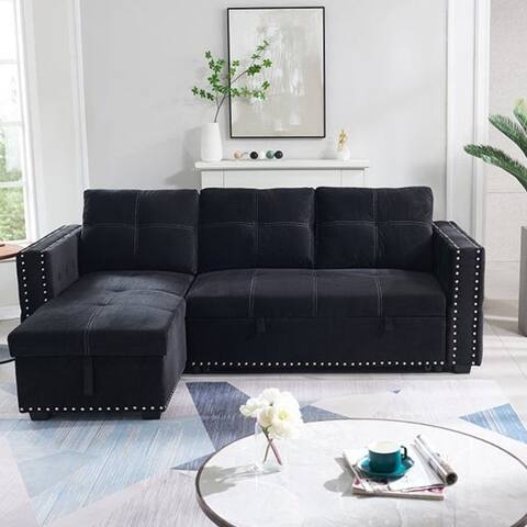 Sectional sofa includes 2 seats sofa with pulled out bed and reversible chaise with storage