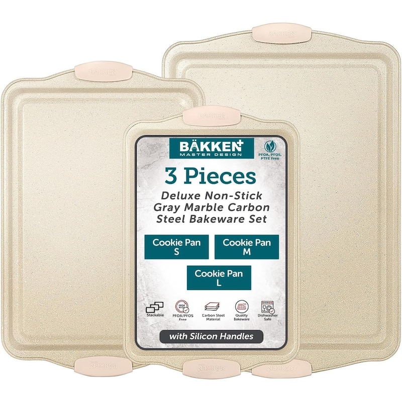 BAKKENMASTER Nonstick Baking Pan Set - Bakeware with Silicone Handles - White Marble - 3 pieces