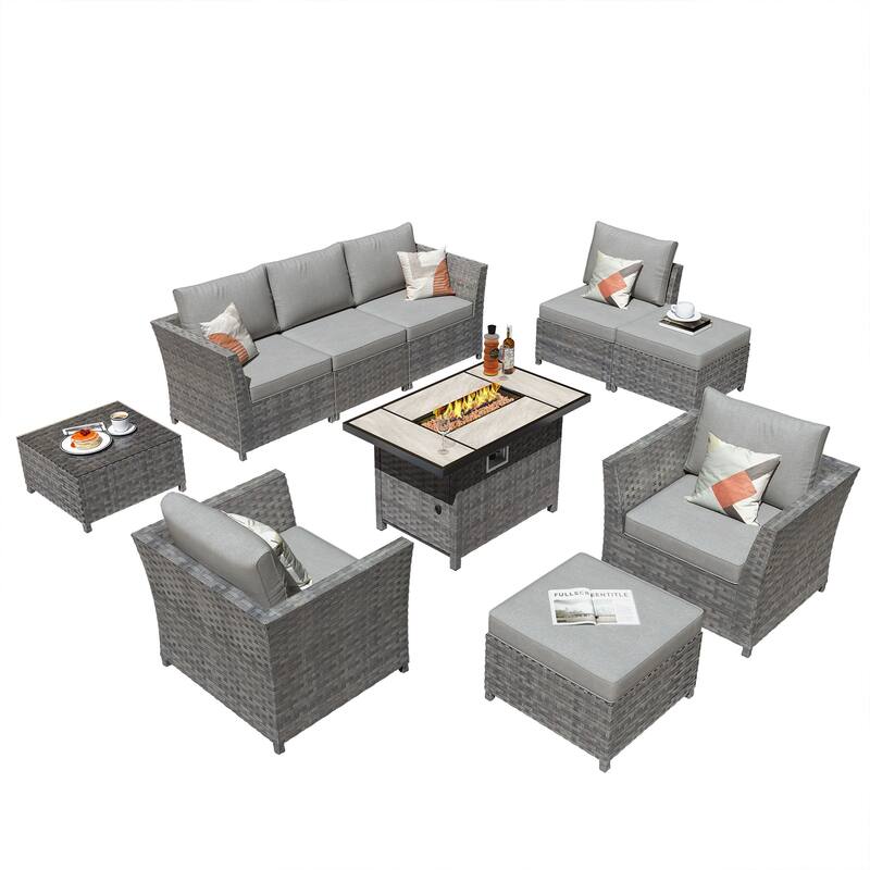 HOOOWOOO 10-piece Outdoor Furniture Rattan Sectional Set with Fire Pit Table.