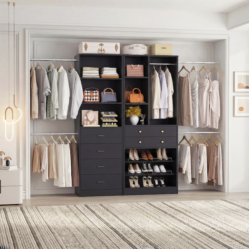 Set of 2 Closet Organizer System with Wood Drawers, Amoire Wardrobe with Hanging Rods