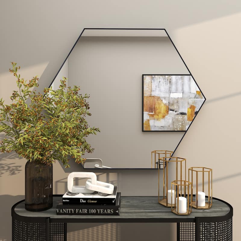 Contemporary Hexagon Wood Wall Mirror - Multiple Finishes and Sizes