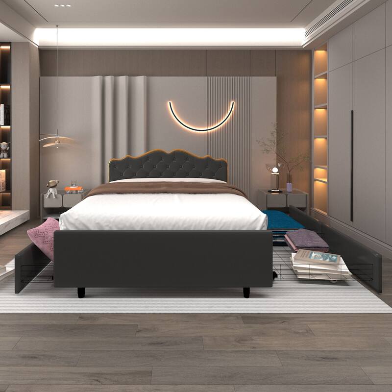 Metal frame sleeping bed with four storage drawer