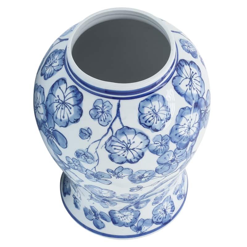 Sagebrook Home 14" Ceramic Temple Jar with Lid Contemporary Vintage Style Blue and White Chinoiserie Floral Design