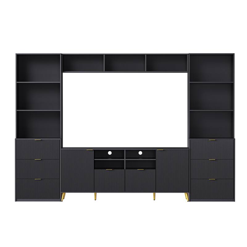 Multifunctional 4-Piece TV Wall Unit with 13 Shelves, 8 Drawers, & 2 Cabinets, Fluted Line Design, for Living Room