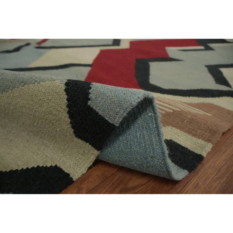 Hand Woven Oriental 100% Wool Carpet Southwestern Modern Navy Blue & Blues Kilim Area Rug - 10' 2'' X 8' 3''