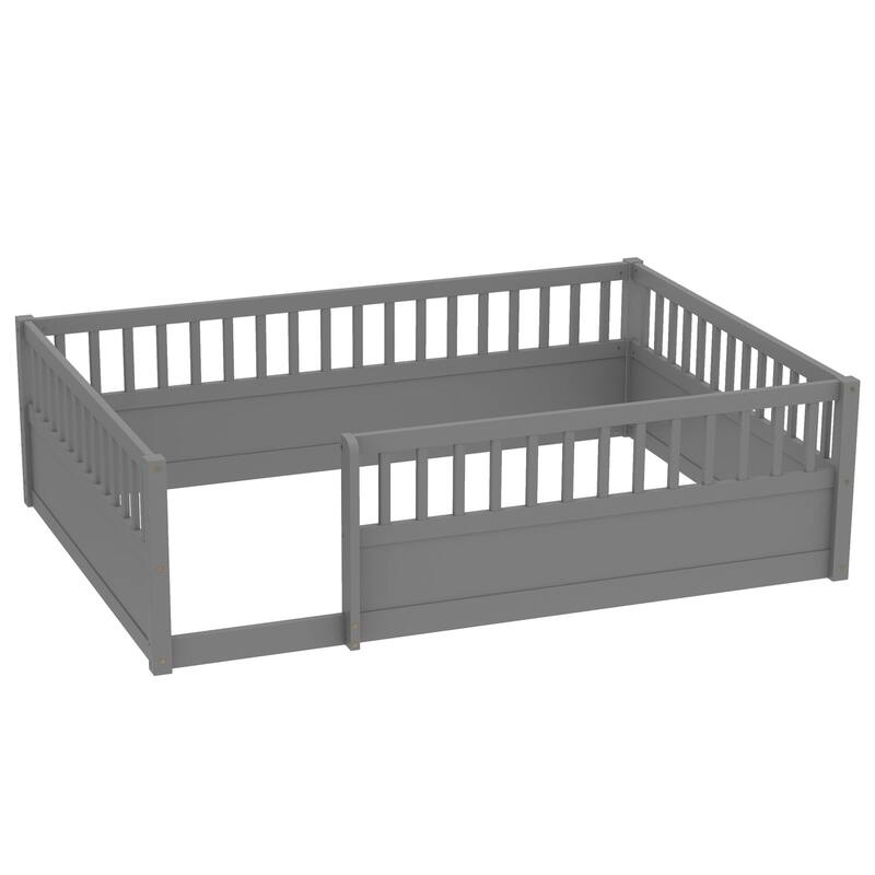 Montessori Gray Wooden Floor Bed for Kids, Full Size with Safety Fence