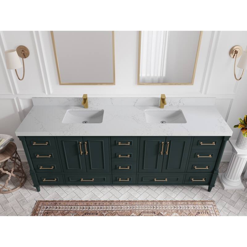 Willow Collections 84 in. W x 22 in. D Aberdeen Double Bowl Sink Bathroom Vanity with Countertop - 2" Empira White - Dark Forest Green