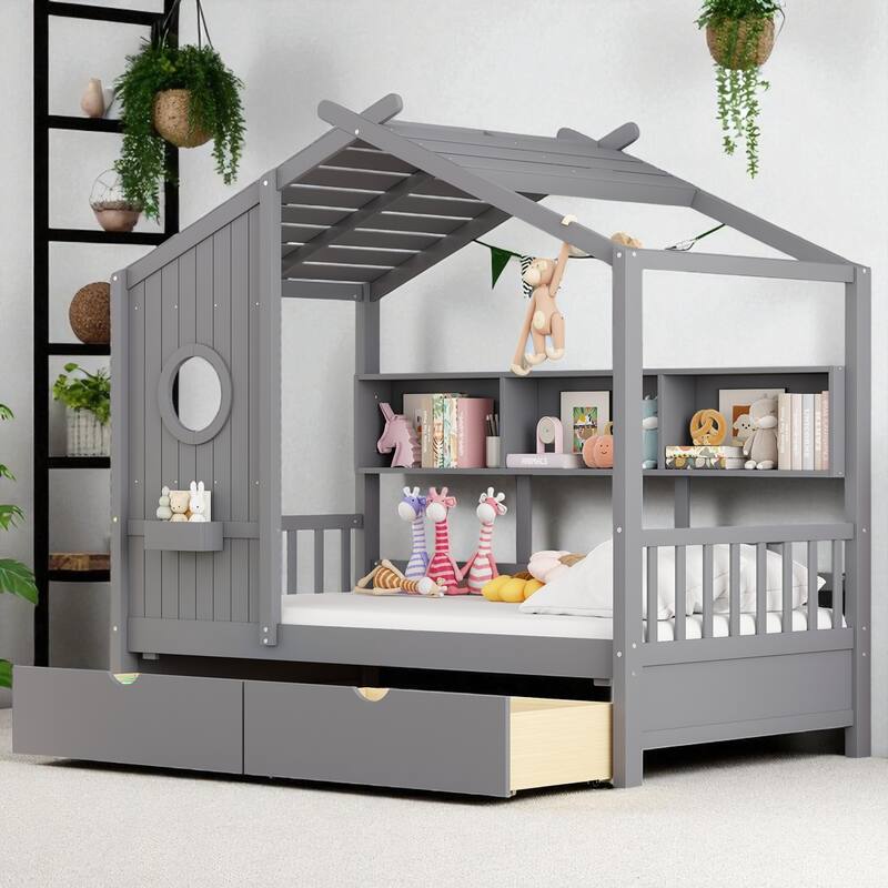 Wooden Twin/Full House Bed with Roof, 2 Storage Drawers & Rear Shelf, Kids Platform Bed with Slats, Gray - Grey - Twin
