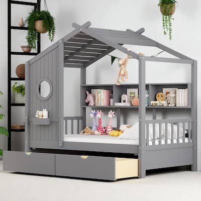 Wooden Twin/Full House Bed with Roof, 2 Storage Drawers & Rear Shelf, Kids Platform Bed with Slats, Gray