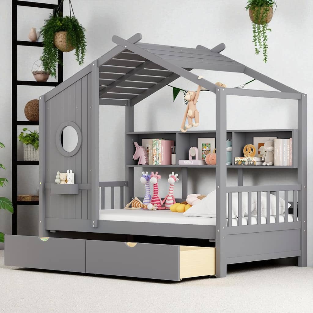 Wooden Twin/Full House Bed with Roof, 2 Storage Drawers & Rear Shelf, Kids Platform Bed with Slats, Gray