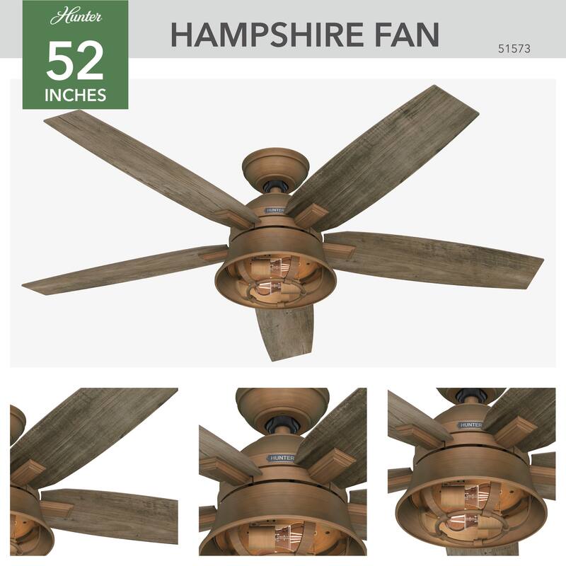 Hunter 52" Hampshire Ceiling Fan with LED Light Kit and Handheld Remote - Farmhouse - Exclusive SureSpeed!