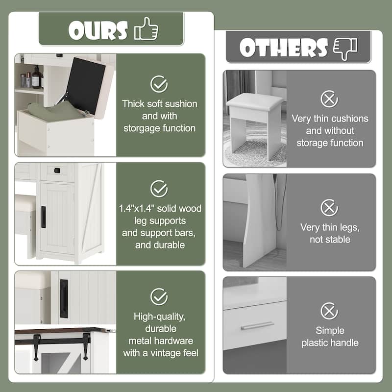 Rustic Vanity Table Set with LED Mirror, Barn Door Design, Cushioned Stool, Charging Ports, 3 Drawers & 4 Cabinets