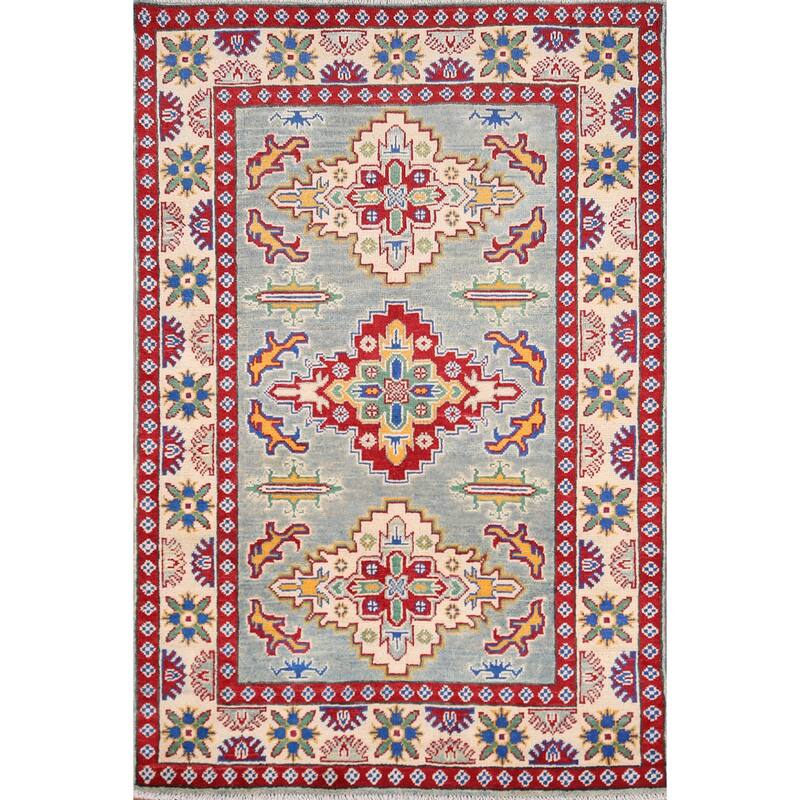Geometric Kazak Foyer Rug Hand-Knotted Blue Wool Carpet - 3'4" x 4'9"