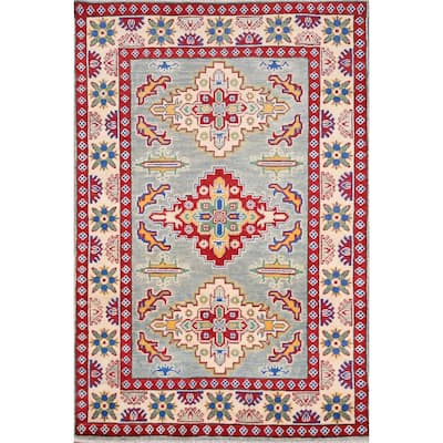 Geometric Kazak Foyer Rug Hand-Knotted Blue Wool Carpet - 3'4" x 4'9"