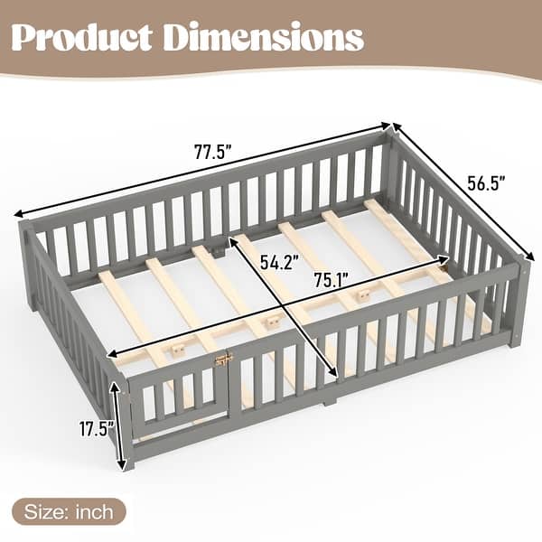 dimension image slide 4 of 16, Wood Floor Bed with Safety Guardrails and Door