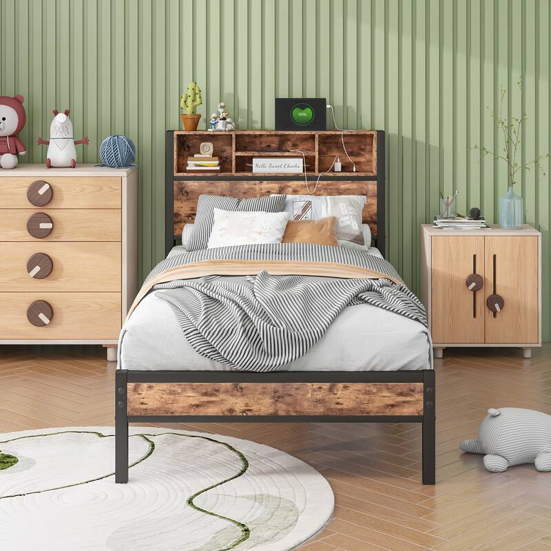 Twin Size Industrial Bed Frame with Storage Headboard and Charging Station - Brown