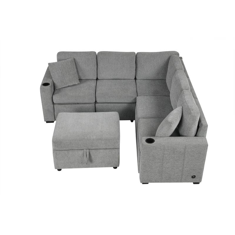 Convertible Sectional Sofa with Pull-out Sofa Bed and Dual Cup Holders