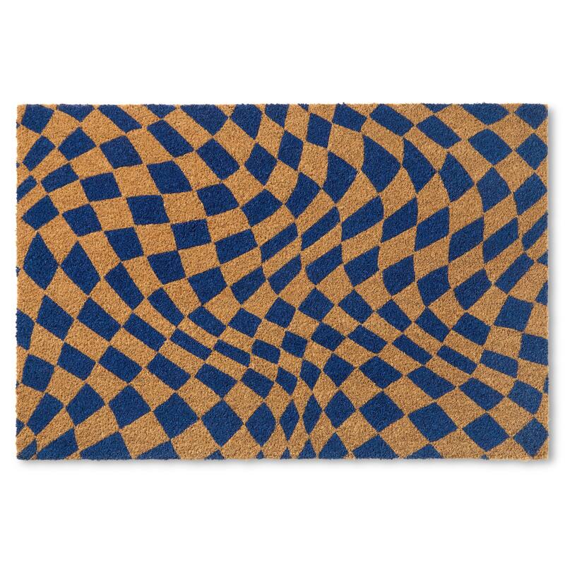 TOWN & COUNTRY TERRA Emmett Groovy Checkerboard Outdoor Door Mat, Natural Coir Mat - 18 x 30 - Blue