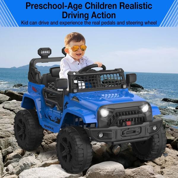 slide 2 of 35, Kids 12V Electric Ride-On Truck - Remote Control, LED Lights, Spring Suspension, Safety Seat Belts, 2 Speeds for Outdoor Black