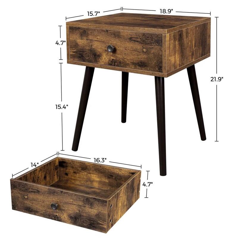 Mid Century Modern Farmhouse Nightstand with Single Drawer Black Tapered Legs and Wood Grain Finish