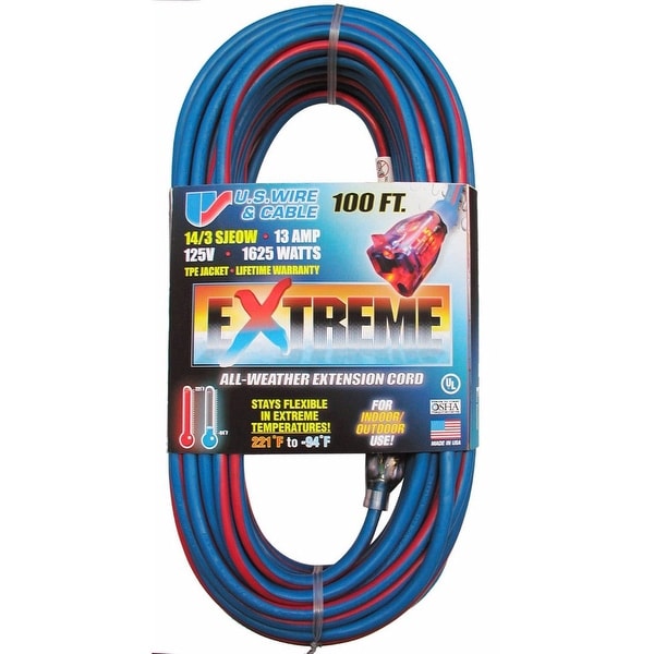 US Wire 100-Foot SJEOW TPE Cold Weather Extension Cord Blue with Lighted Plug