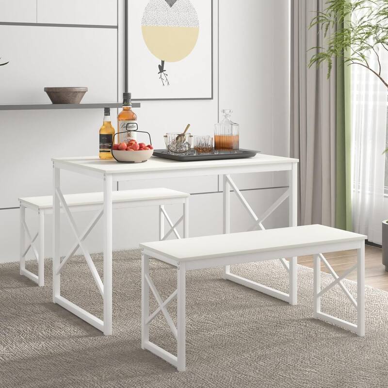 44.3" Dining Table with Benches Kitchen Table set for 4 Rectangular Dining Room Table Set with 2 Metal Wood Benches - White