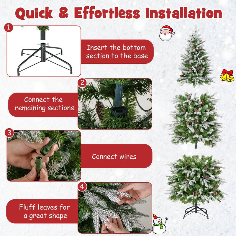 Gymax 6/7.5/9 FT Pre-Lit Artificial Christmas Tree Snow Flocked Hinged
