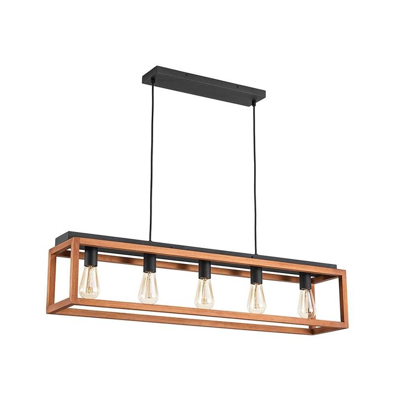 Rustic Oak Wooden Rectangular Cage Island Chandelier Ceiling Light - 39.4 Inches
