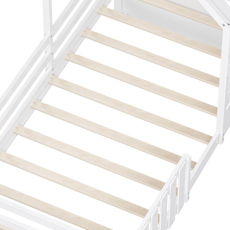Twin Bed Frames With 2 Storage Drawers and Guardrails,Playhouse Bed With Roof and Window,Wooden Bed No Box Spring Needed