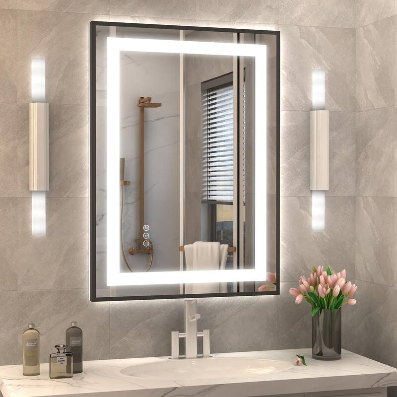 KIOTEE Black Metal Frame Front & Back LED Lighted Anti-Fog Tempered Glass Bathroom Vanity Mirror with ETL and 3 Years Warranty - 28x20