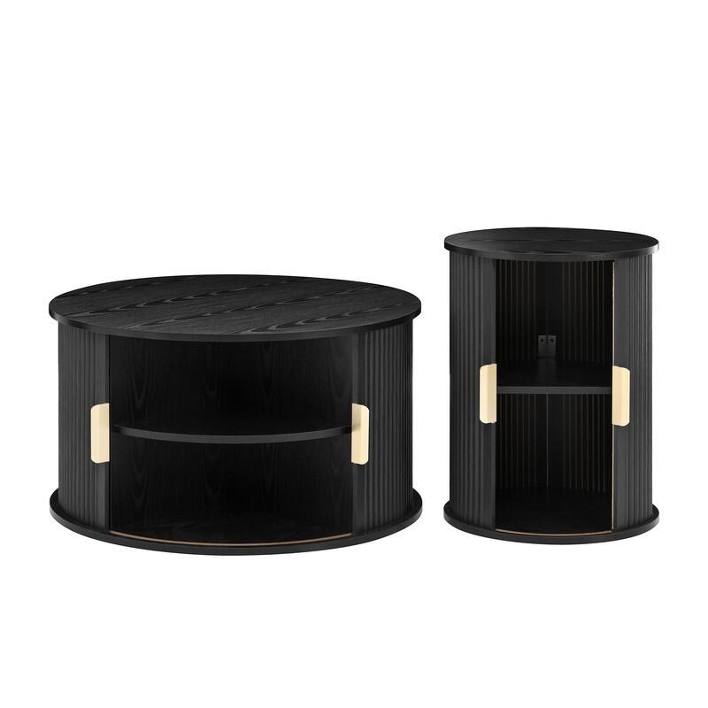 Mid Century Modern 74.8" TV Stand & Coffee Table Set for TVs up to 75", Wooden Media Console with Fluted Sliding Doors