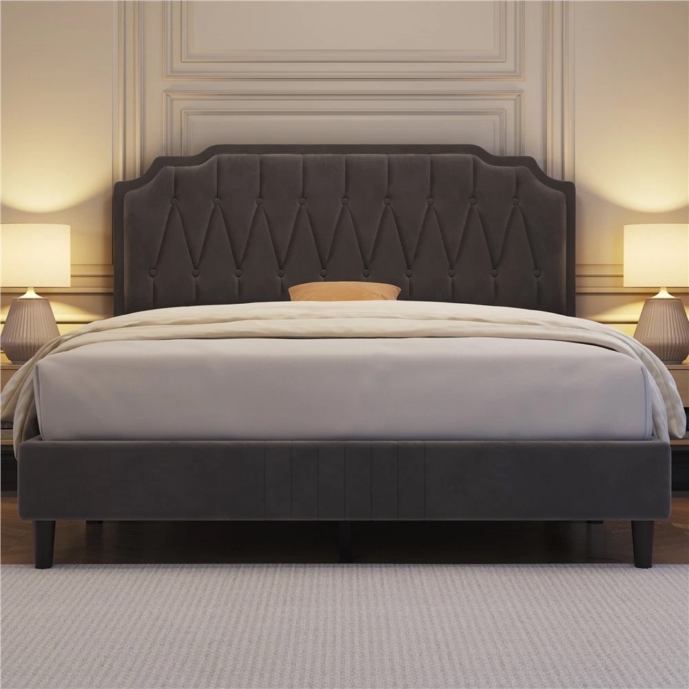Queen Upholstered Bed Frame Height Adjustable Slat Support Dark Gray
